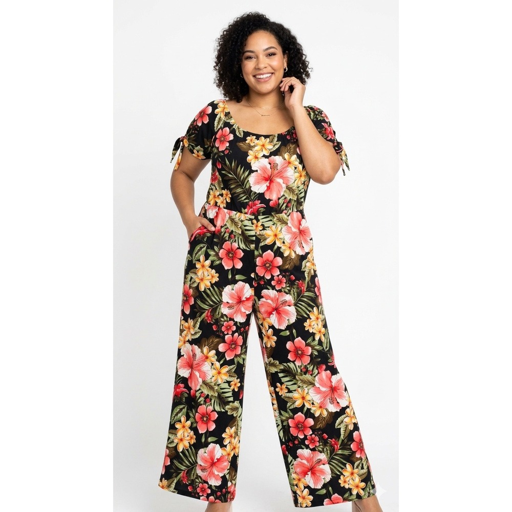 Y2K Island Floral Wide Leg Jumpsuit Romper Vacation Resortwear Size 2X Party